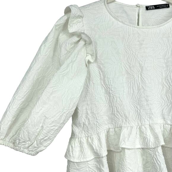 Zara White Ruffle Peplum Balloon Sleeve Blouse Size XS - Picture 5 of 8